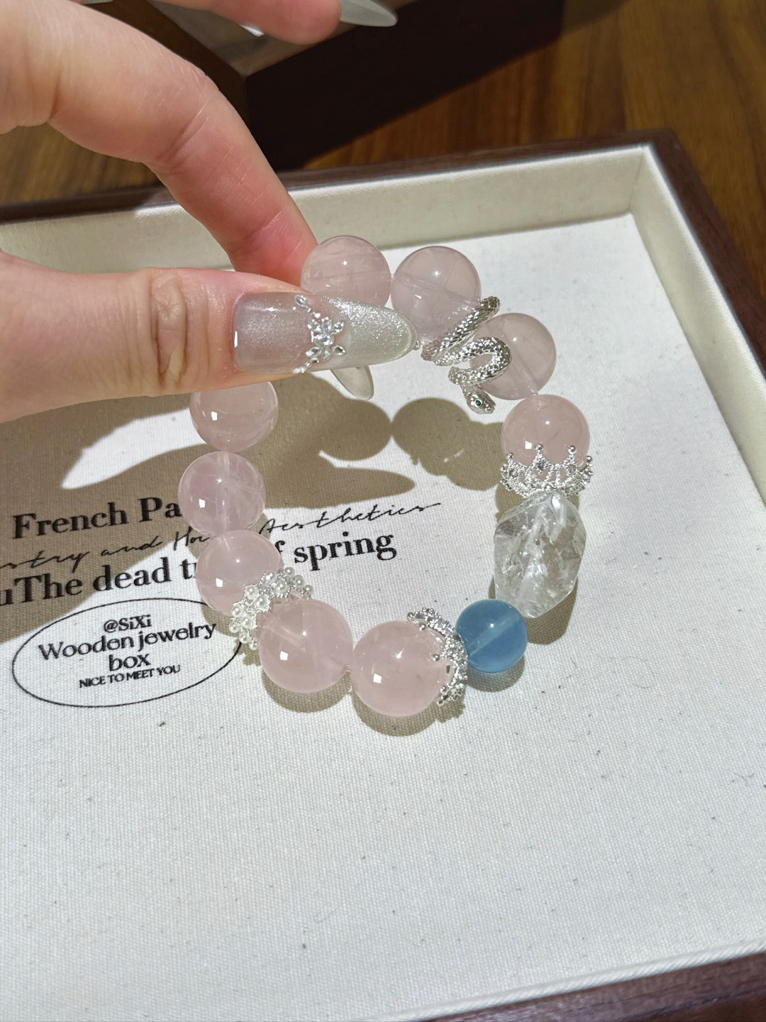 ▫️▪️ Pink crystal white crystal aquamarine bracelet